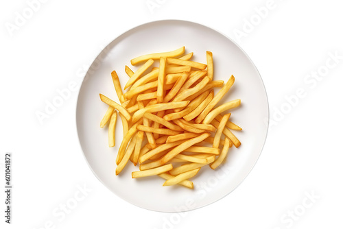 Top view plate full of french fries on cutout PNG transparent background. Generative AI