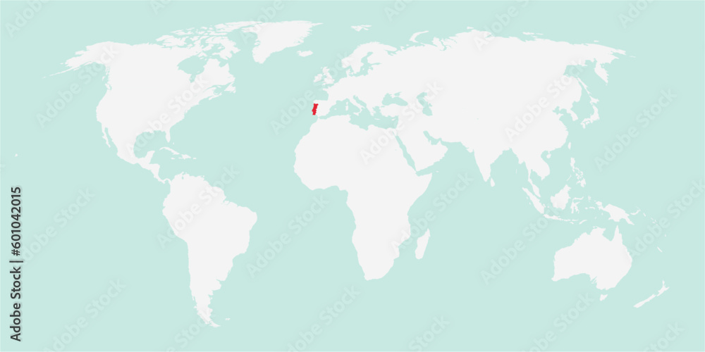 Vector map of the world with the country of Portugal highlighted highlighted in red on white background.