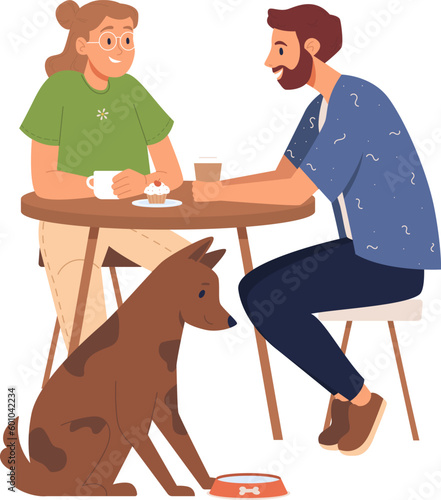 Pet-friendly coffee shop with cute dogs and cats. Pets and their owners eat together, sitting at tables, drinking coffee. Couple with pet in a cafe, restaurant. Romantic date