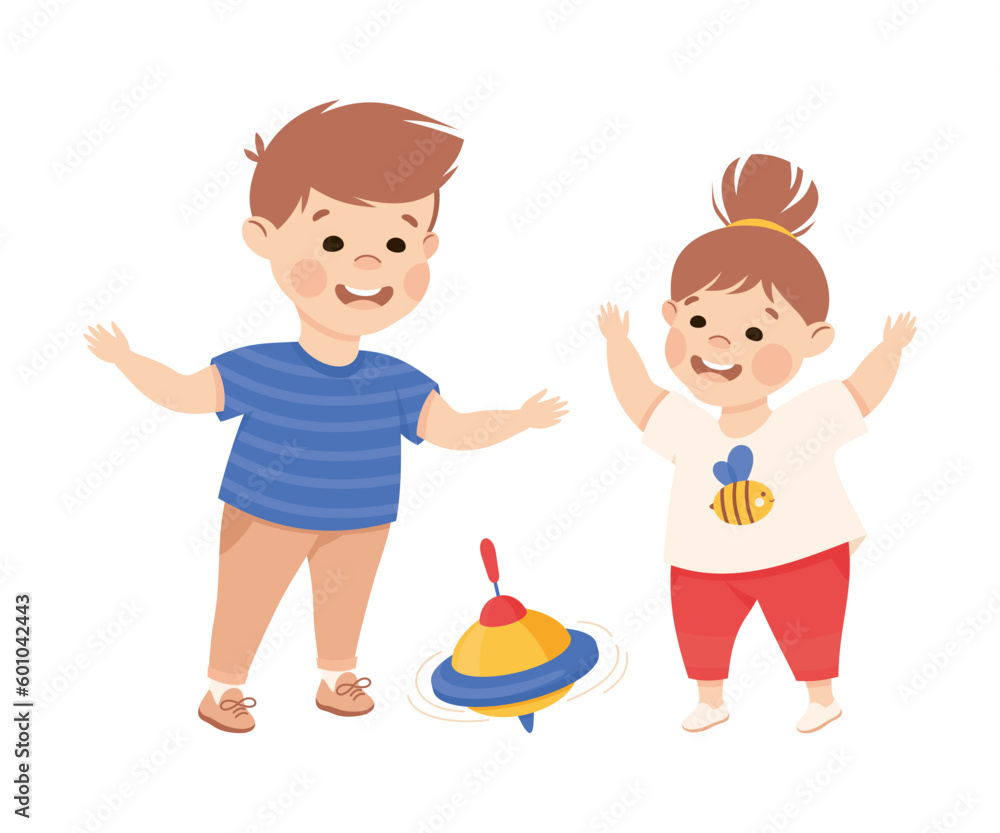 Happy girl and boy playing whirligig toy. Joyful elder brother and little sister playing together cartoon vector illustration Happy girl and boy playing whirligig toy. Joyful elder brother and little sister playing together cartoon vector illustration