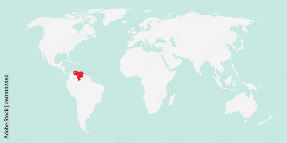 Vector map of the world with the country of Venezuela highlighted highlighted in red on white background.