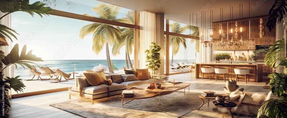 Fototapeta premium modern and luxurious open plan living room interior with kitchen and dining, sea views, beach vibes, tropical paradise, AI rendered