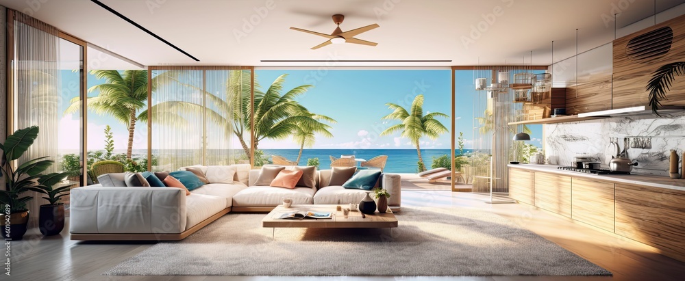 modern and luxurious open plan living room interior with kitchen and dining, sea views, beach vibes, tropical paradise, AI rendered modern and luxurious open plan living room interior with kitchen and dining, sea views, beach vibes, tropical paradise, AI rendered