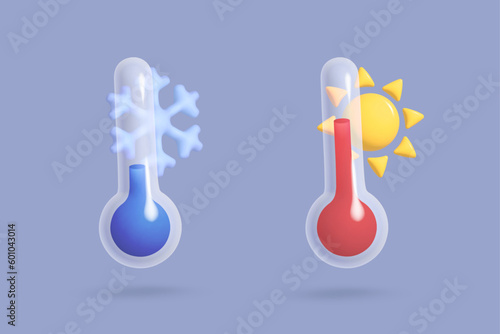 Set of isolated vector 3d icons. Weather icons. Blue thermometers with cold and hot temperature with snowflake and sun behind. Illustration for postcard, icons, poster, banner, web, design, arts.