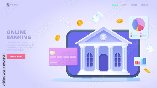 Online banking, bank service, e wallet application, finance report, investments. 3d design concept for landing page. Three dimensional vector illustration for website, banner.