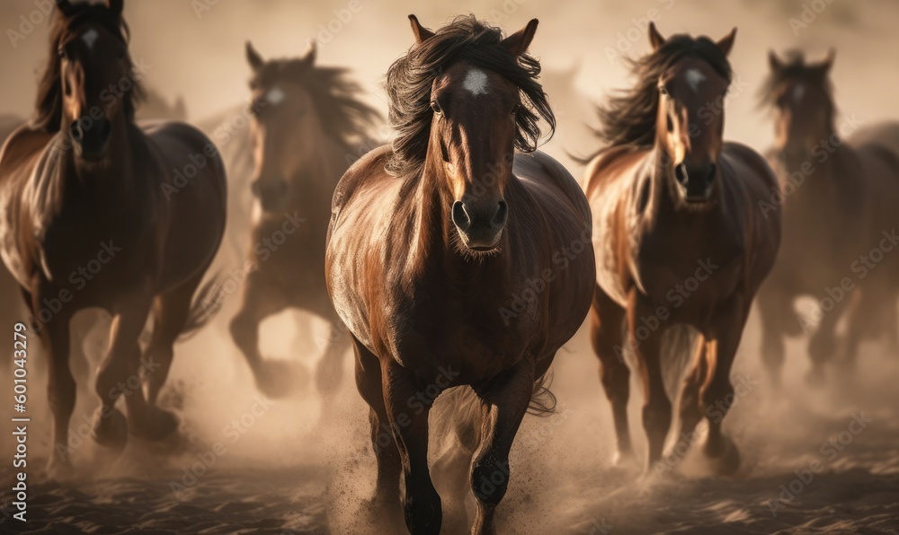 Obraz premium Horse herd portrait run fast against dark sky in dust, generative AI
