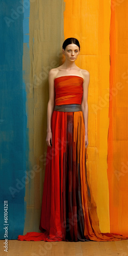 A woman stands confidently in front of a vibrant, color-blocked wall, wearing a striking couture, generative ai photo