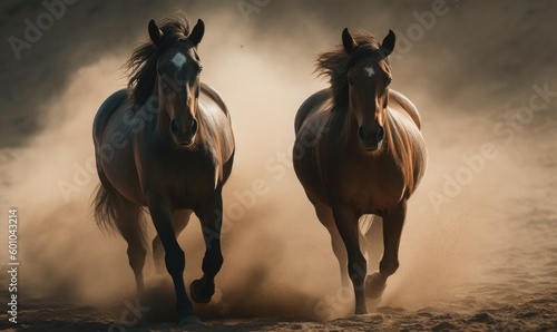 Horse herd portrait run fast against dark sky in dust, generative AI © Enigma