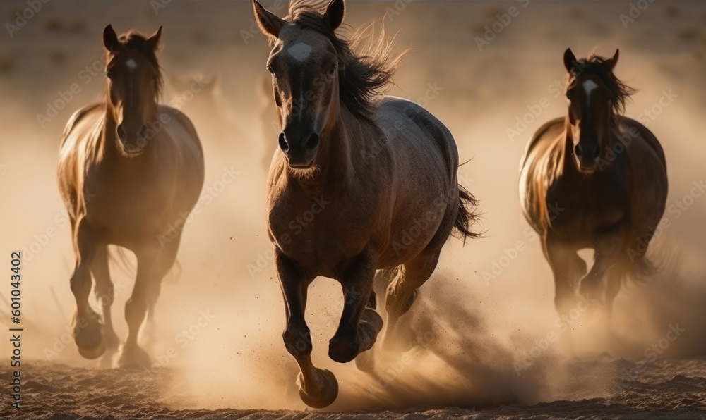 Obraz premium Horse herd portrait run fast against dark sky in dust, generative AI