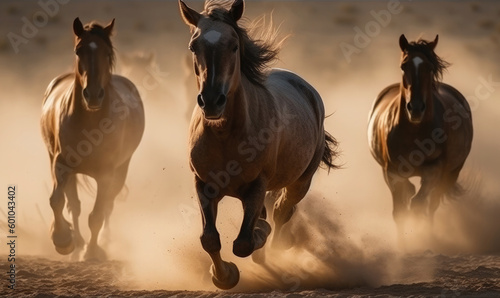 Horse herd portrait run fast against dark sky in dust, generative AI © Enigma
