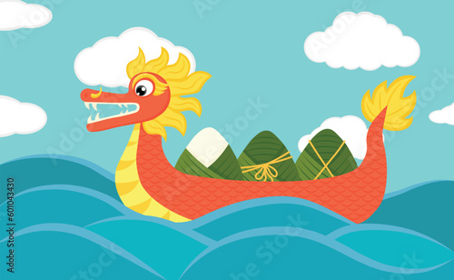 Dragon boat carrying zongzi on the river for dragon boat festival with clouds in the background, vector illustration © Maria