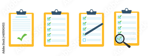Set of document icons marked with a green checkmark. Verified document. Checklist. Questionnaire, survey, clipboard, task list. Checklist with magnifying glass