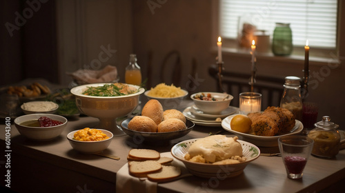 Various dishes of Jewish cuisine, such as matzo ball soup, gefilte fish, challah bread, and latkes. Generative AI