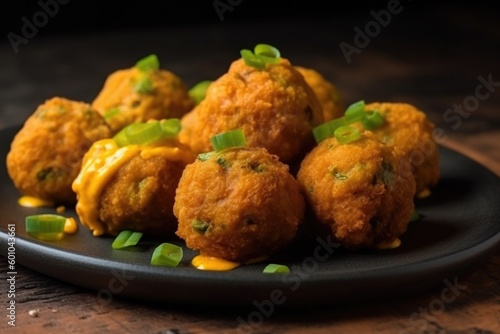 Vegetarian falafel balls with sauce on a dark background, ai generative