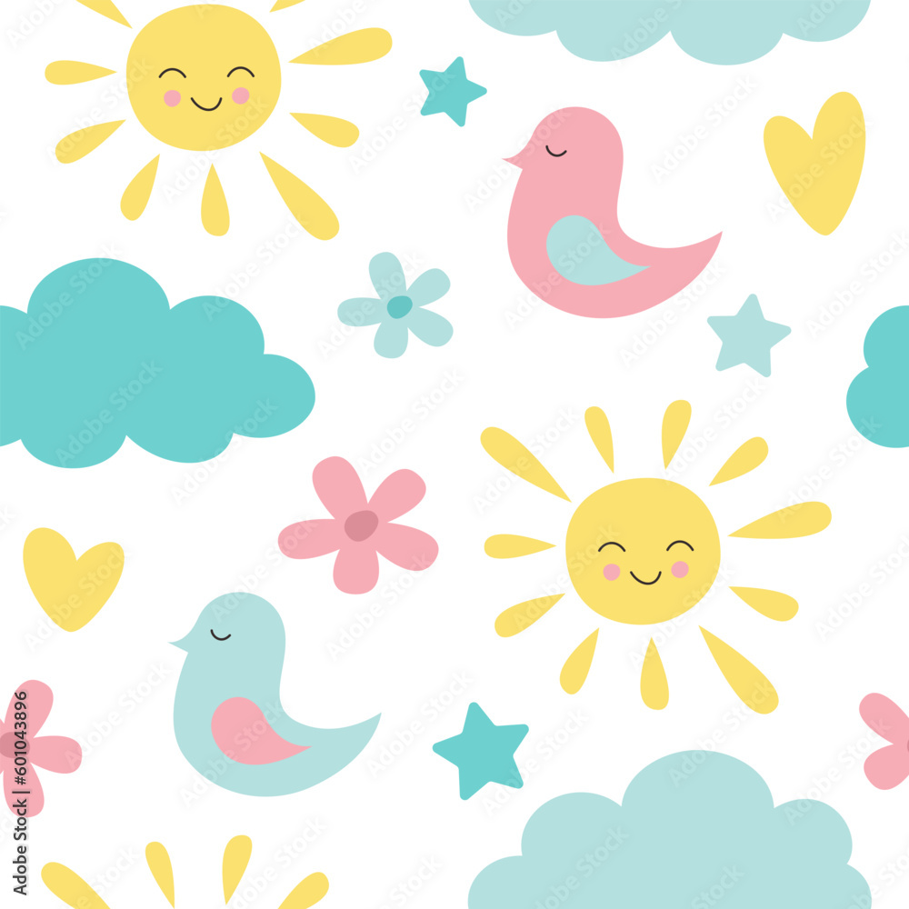 Seamless pattern with birds, hearts and flowers. Vector illustration