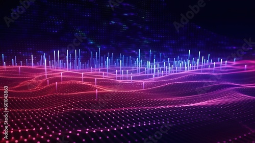 Abstrakt verbundene Punkte und Linien. Bewegung des digitalen Datenflusses. Kommunikations- und Technologie und Netzwerke Konzept mit sich bewegenden Linien und Punkten. 3D-Rendering, generative AI