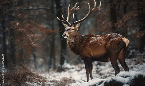 Noble deer male in winter snow forest  Winter christmas image  generative AI