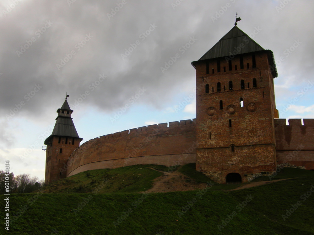 Red brick walls and towers of the Detinets fortress, Novgorod Kremlin. Velikiy Novgorod.