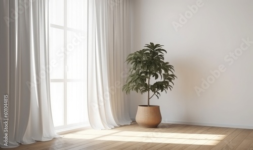 Plant against a white wall mockup  White wall mockup with brown curtain  plant and wood floor  3D illustration  generative AI