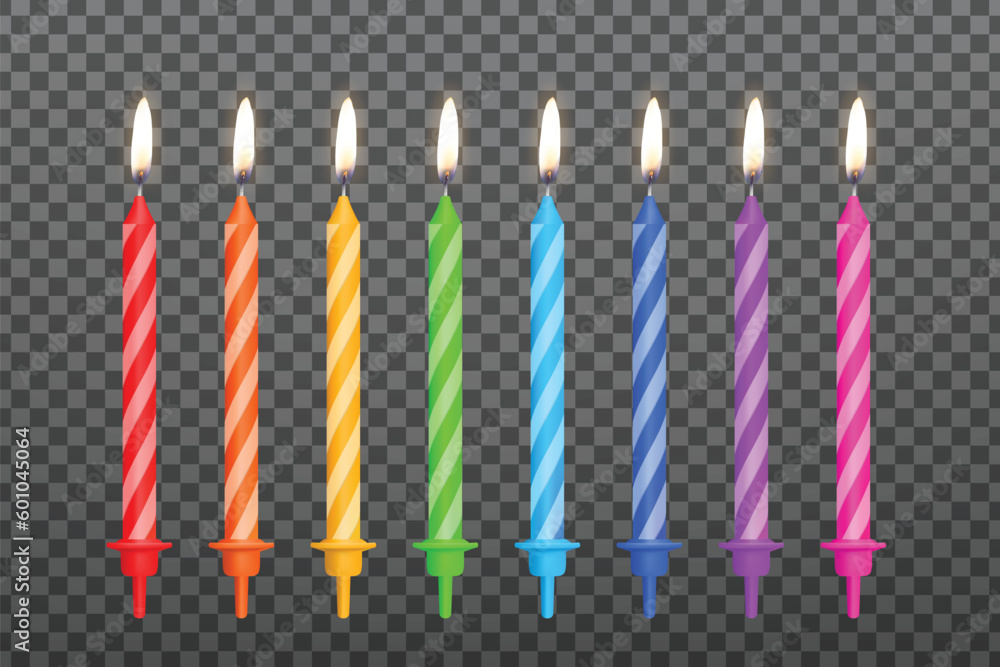 Birthday candles set with burning flames isolated on dark transparent background Birthday candles set with burning flames isolated on dark transparent background