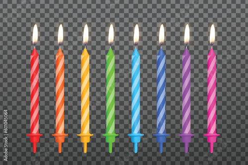 Birthday candles set with burning flames isolated on dark transparent background