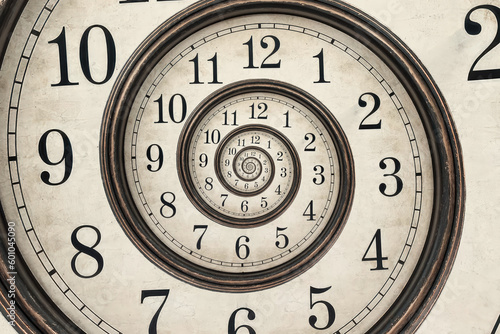 Vintage abstract infinite spiral clock face. Surreal watch twisted time concept illustration