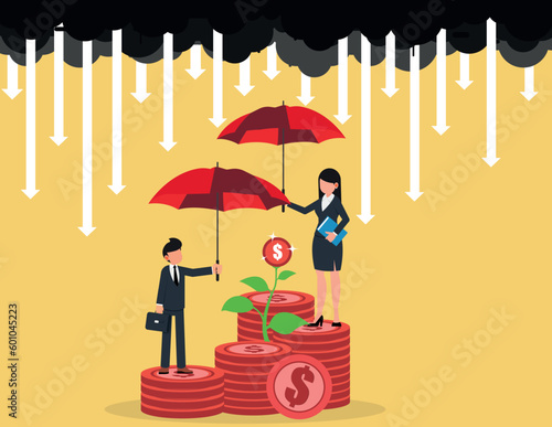 Financial savings insurance. Business men and women with umbrella red protecting arrows rain in economy crisis or market crash