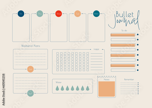 Bullet journal planner template, vector illustration