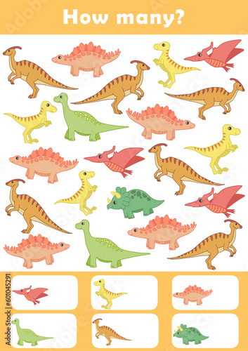 Counting children game cartoon. I spy game for toddlers. Find and count the dinosaurs worksheet. Counting educational activity for children and kids. 