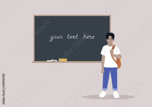 A full body portrait of a school kid carrying a backpack on one strap, a chalkboard with a copy space on the background
