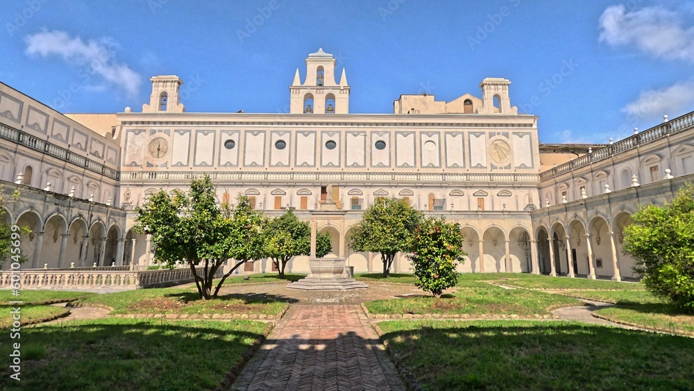 View of the cloister of the ancient Benedictine monastery of San Martino, now transformed into a museum of history and art in Naples, Italy.