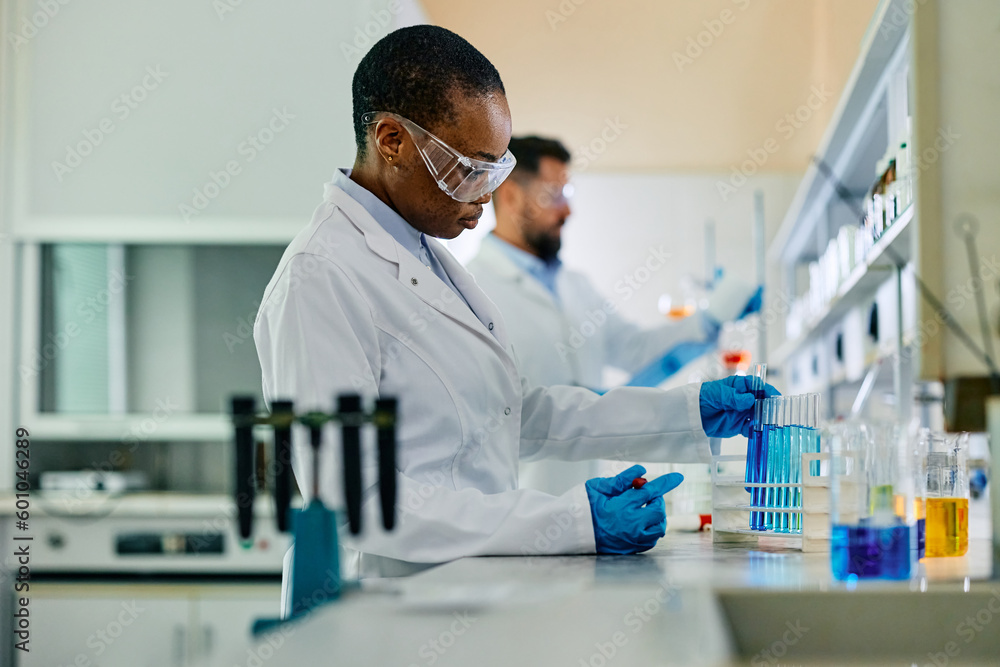 Black female lab technician analyzing liquid in test tubes during scientific experiment. - obrazy, fototapety, plakaty 