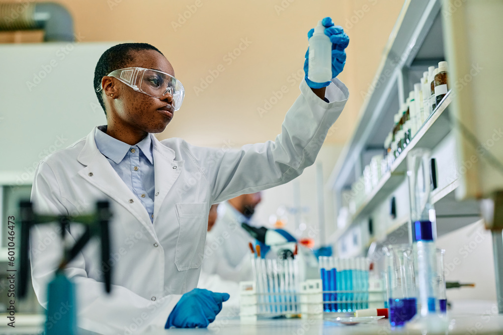 African American female chemist during scientific research in lab. African American female chemist during scientific research in lab.