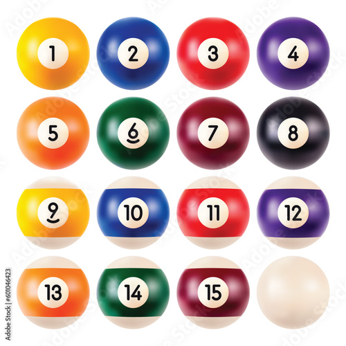 Set of billiard balls, a collection of all the pool or snooker balls with numbers isolated on white background