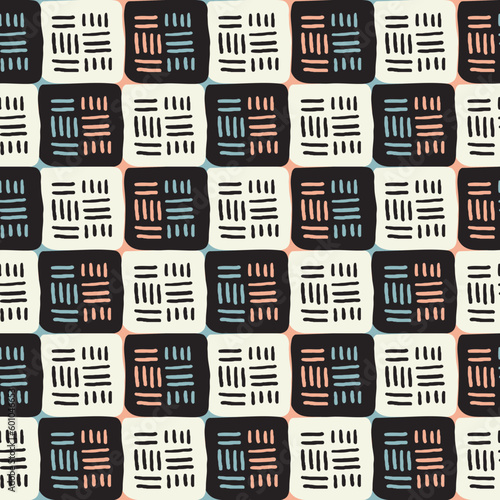 Seamless pattern of stokes and lines in different directions forming a checkered pattern in black, white, orange and blue. Great for fashion, accessories, home decor and more
