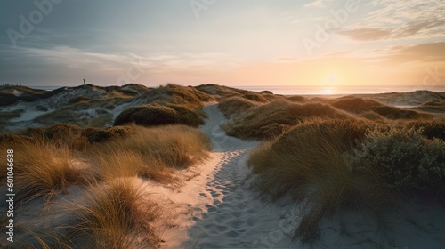 wunderschöner Sonnenuntergang in den Dünen auf dieser Erde, Skandinavien, Dänemark, generative AI 