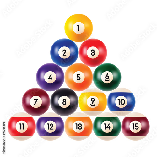 Set of billiard balls, a collection of all the pool balls with numbers isolated on white background, realistic illustration, eps 10