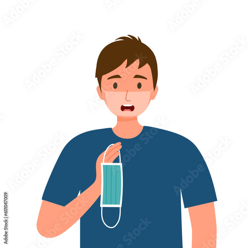 Young man with face mask sunburn in flat design.