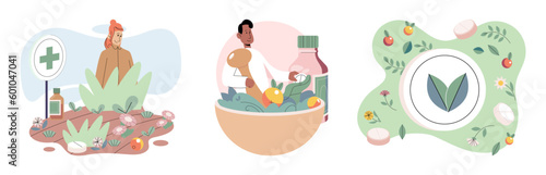 Homeopathy and herbal remedies set. Medical research laboratory diagnostics. Homeopathic treatment and phytotherapy. Traditional herb recipes of alternative medicine. Medicine pharmacy. Herbal pills