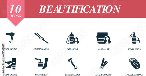 Beautification set. Creative icons: hair dryer, curling iron, shampoo, hair mask, body wash, foot cream, waxing kit, face roller, nail clippers, pumice stone.