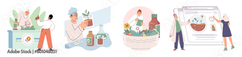 Natural herbal medication researches in laboratory. Traditional medicine concept. Scientist doctors characters make drugs of medical plants, herbal ingredients, extracts, preparing homeopathic recipes