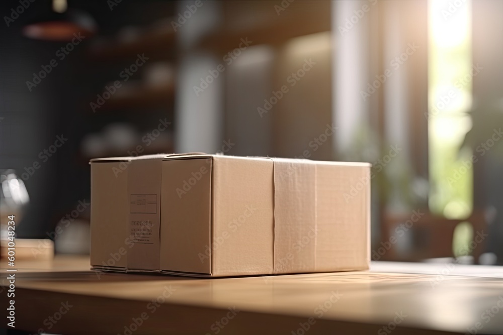 Wooden Table with Parcel and Cardboard Box Background for Delivery and Business Concept. Generative AI illustrations. Wooden Table with Parcel and Cardboard Box Background for Delivery and Business Concept. Generative AI illustrations.
