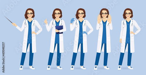 Female woman doctor or nurse character set in different poses. Various gestures - standing, showing thumb up and stop sign, holding pointer stick and syringe vector illustration