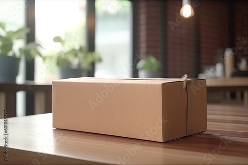 Wooden Table with Parcel and Cardboard Box Background for Delivery and Business Concept. Generative AI illustrations. © Thares2020