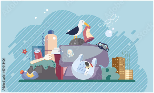 Environmental pollution with garbage and waste big problem due to human activities and unreasonable consumption. Plastic garbage and bottles at bottom of polluted reservoir, littered river and sea