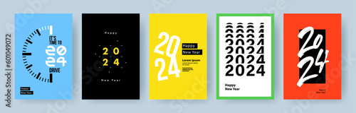 Creative concept of 2024 Happy New Year posters set. Design templates with typography logo 2024 for celebration and season decoration. Minimalistic trendy backgrounds for branding, banner, cover, card