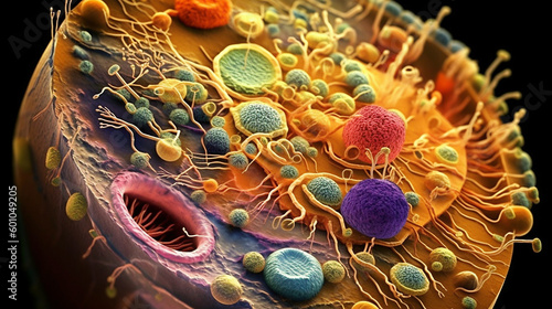 The structure of an animal cell in a section close-up. An animal tissue cell in multiple magnification through a microscope. Cell organelles: nucleus, nucleolus, mitochondria, lysosomes, vacuoles. photo