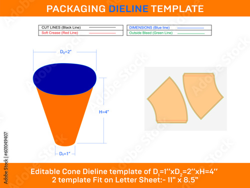 Regular cone Ice cream Dieline Template D1 1xD2 2xH 4 inch