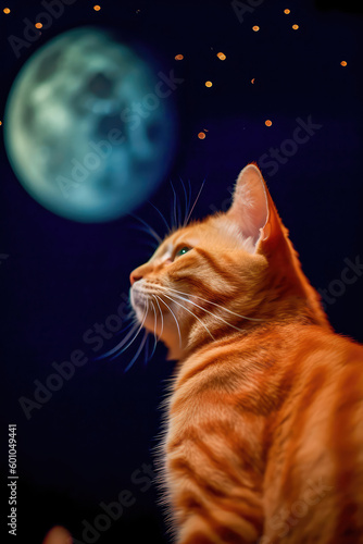 Thoughtful red striped cat sits on the top and looks at the moon, contemplating a cosmic symphony. Generative AI