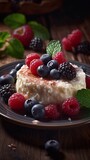  Cottage cheese dessert with fresh berries on wooden background